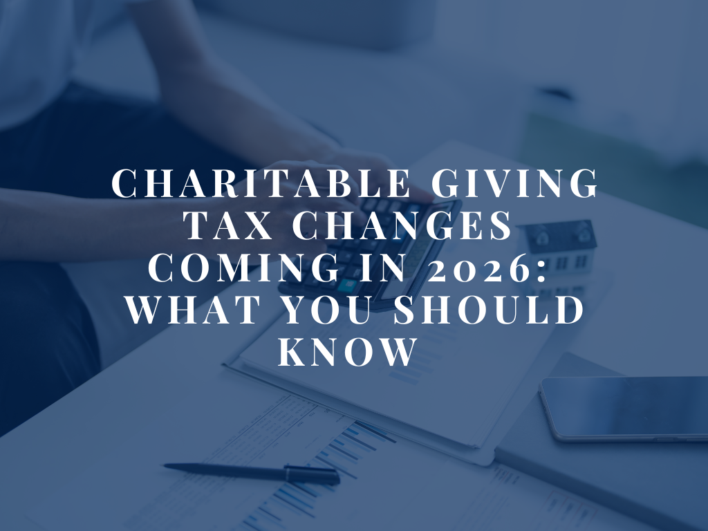  Illustration showing a calendar marked “2026” alongside a clipboard with tax forms and a heart icon, symbolizing upcoming federal changes to charitable giving deductions. 